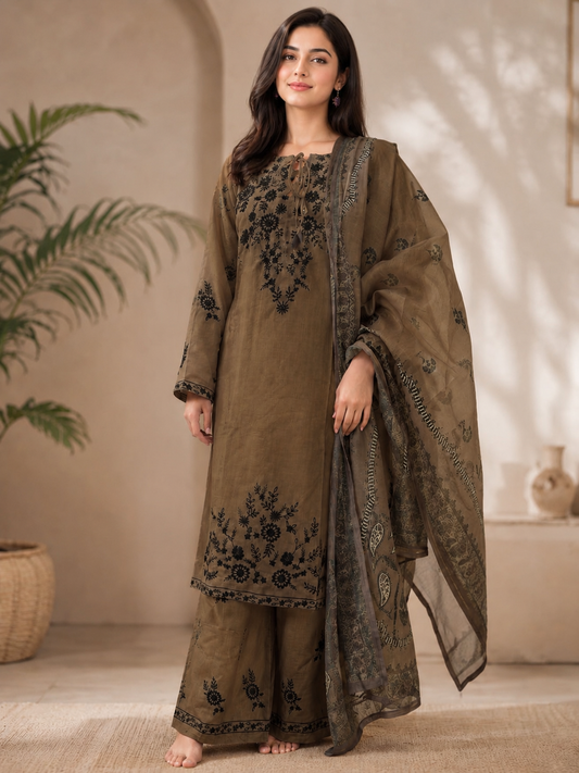 Elegant Embroidered 3 Piece Lawn Suit – Mehndi