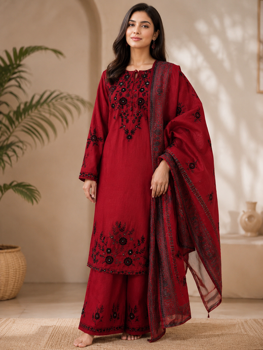 Elegant Embroidered 3 Piece Lawn Suit – Red