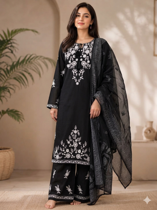 Elegant Embroidered 3 Piece Lawn Suit – Black
