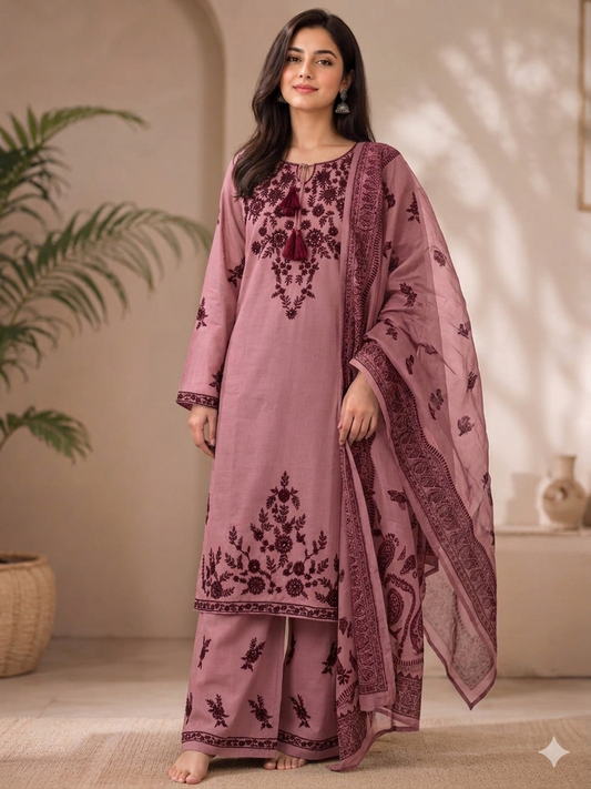 Elegant Embroidered 3 Piece Lawn Suit – Burgundy