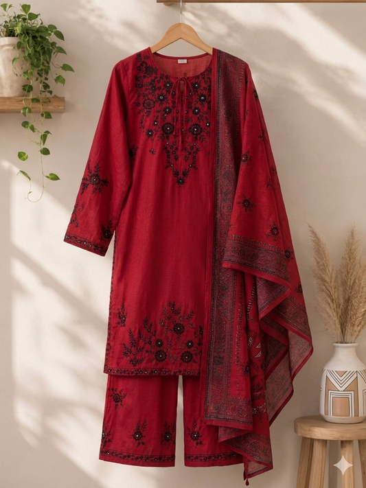 Elegant Embroidered 3 Piece Lawn Suit – Red