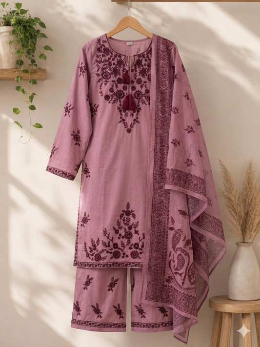 Elegant Embroidered 3 Piece Lawn Suit – Burgundy