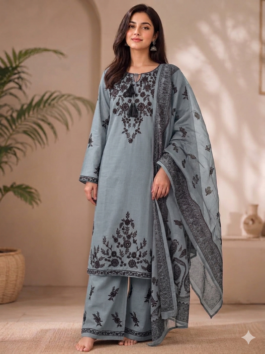 Elegant Embroidered 3 Piece Lawn Suit – Charcoal