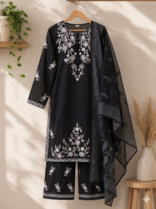 Elegant Embroidered 3 Piece Lawn Suit – Black