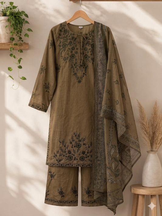 Elegant Embroidered 3 Piece Lawn Suit – Mehndi