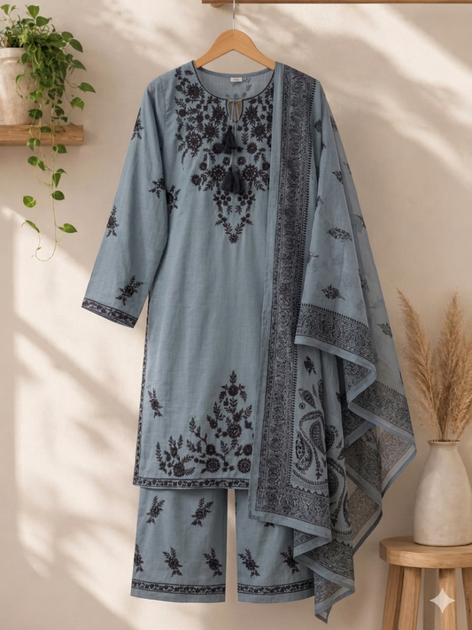Elegant Embroidered 3 Piece Lawn Suit – Charcoal