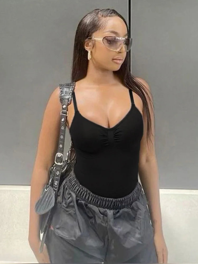 Sweetown Women's Sleeveless Skinny Shirring Bodysuit Black Spaghetti Strap Solid Simple Basic Sexy Camisole for Vacation