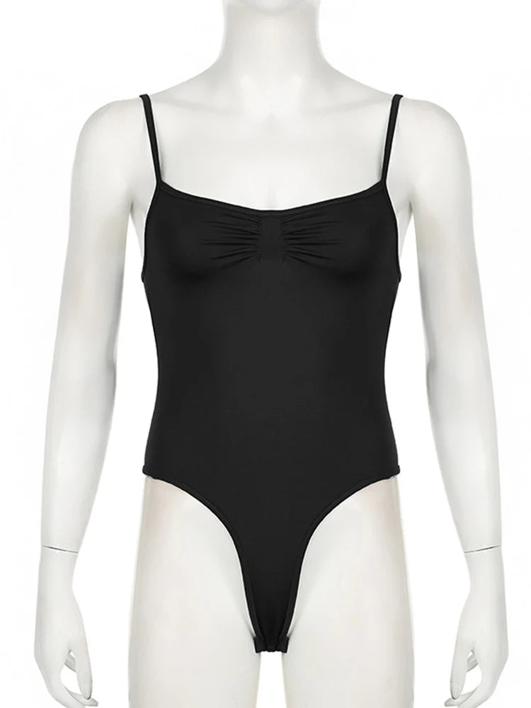 Sweetown Women's Sleeveless Skinny Shirring Bodysuit Black Spaghetti Strap Solid Simple Basic Sexy Camisole for Vacation